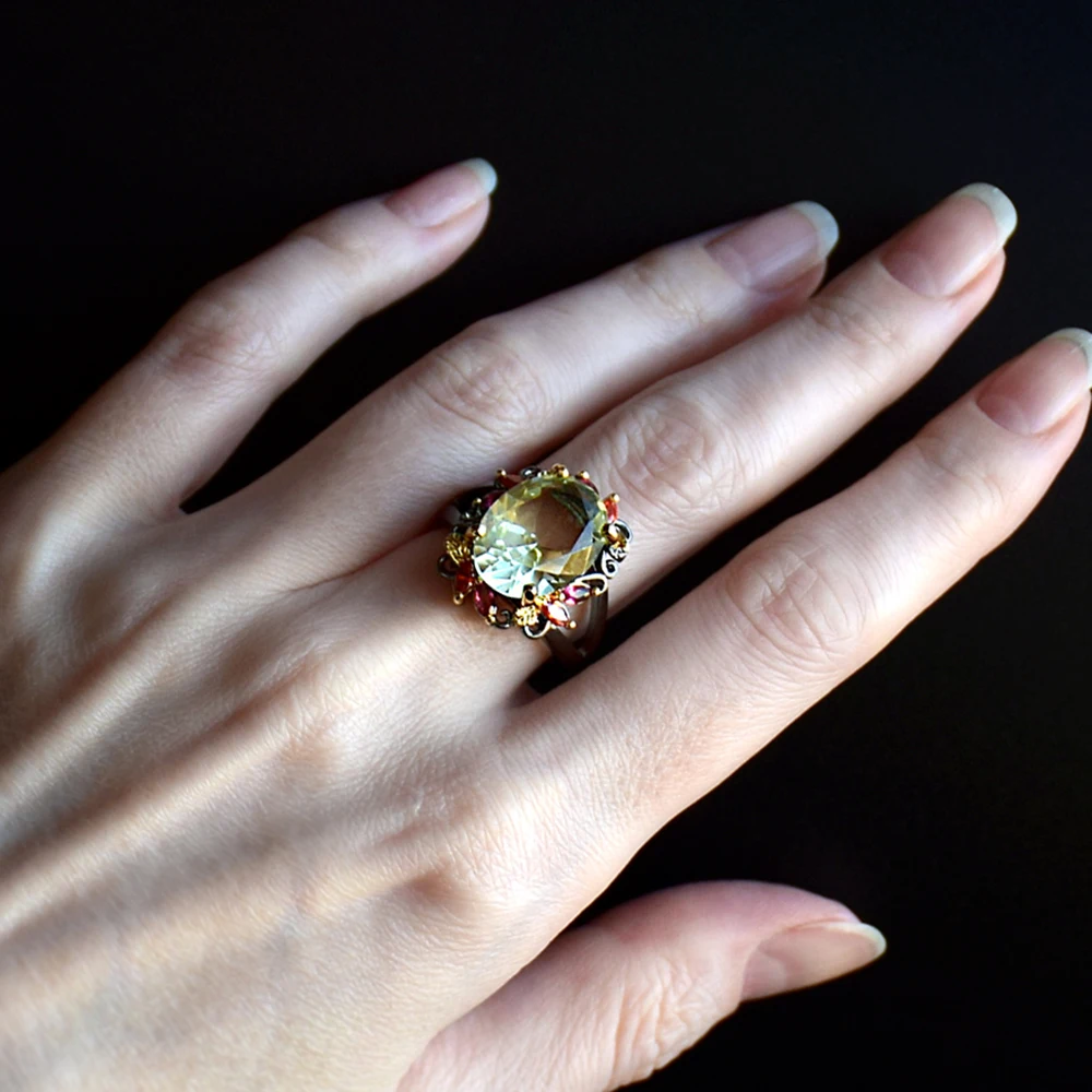 

Sparkly Big crystal Ring Oval Cut Olivine CZ Jewellery For Special Occassion Brass Metal 2 Tone Plating Jewelry