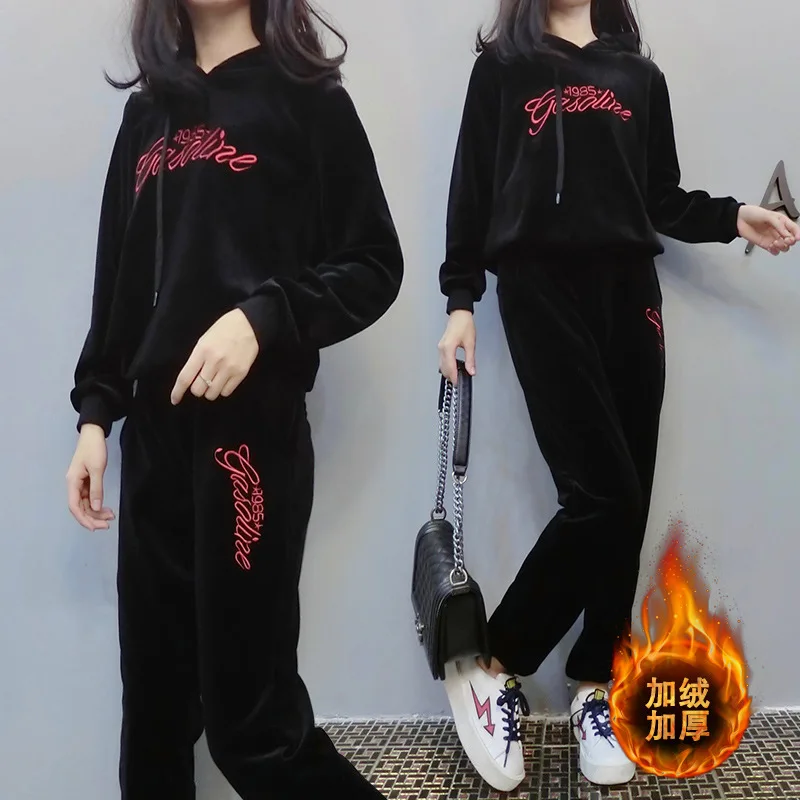 

2019 Winter Large Size Dress New Style Gold Velvet Brushed And Thick Sports Leisure Suit Loose-Fit Hooded Two-Piece Set