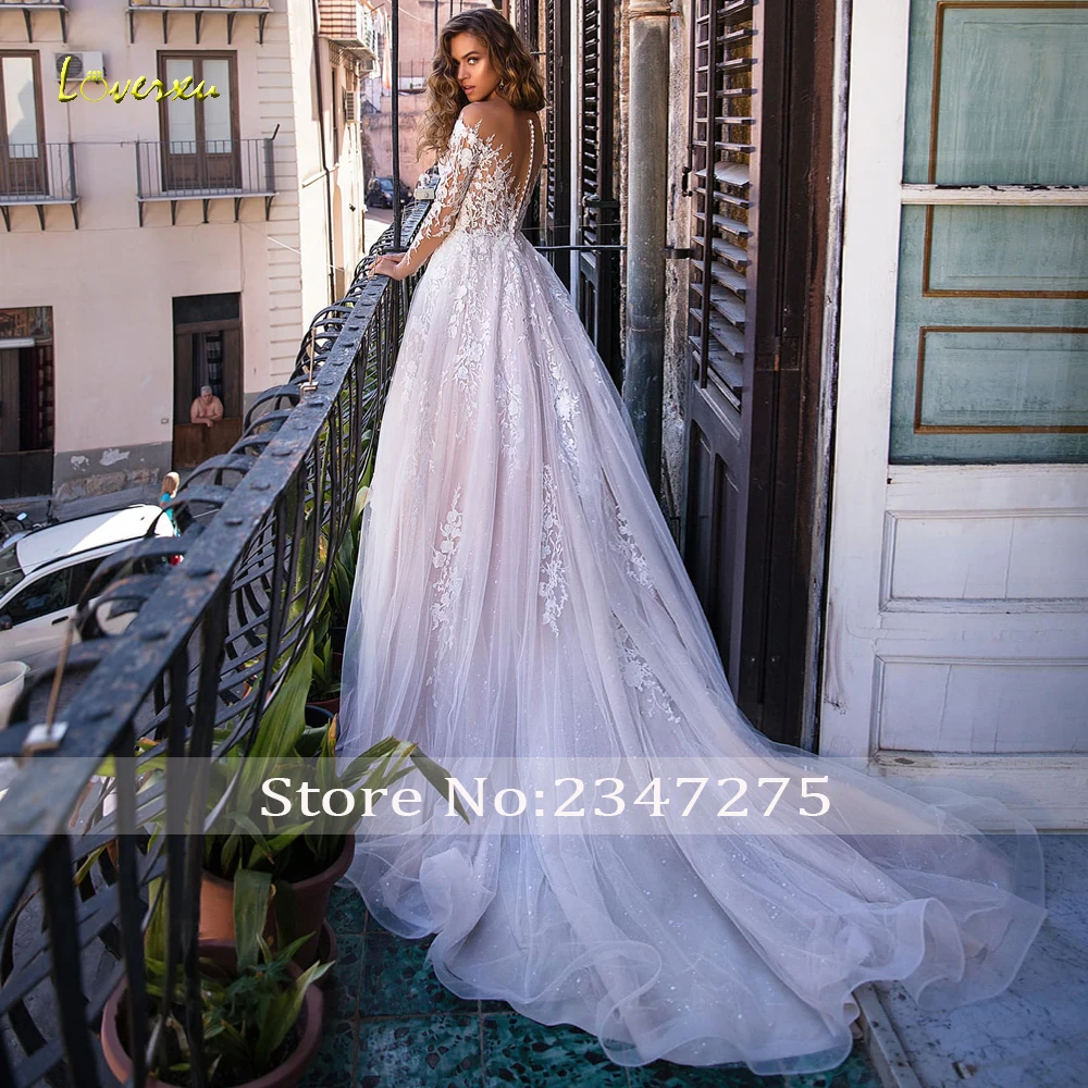 Loverxu Sexy Illusion Long Sleeve Lace A Line Wedding Dresses Luxury Scoop Neck Appliques Court Train Vintage Bridal Gowns