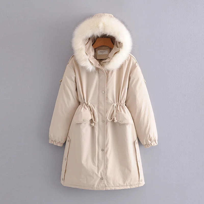 

Korean-style WOMEN'S Wear 2019 Winter New Style Long Hooded Drawstring Marca Color Fur Collar Cotton Coat