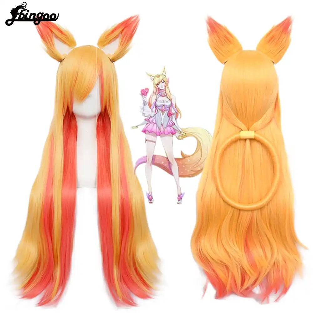 Ebingoo Lol Ahri Gumihoコスプレ人工毛かつらスターガーディアンナイン尾フォックスコスプレ衣装ウィッグ 耳 かつらキャップ 合成なしのレースのかつら Aliexpress