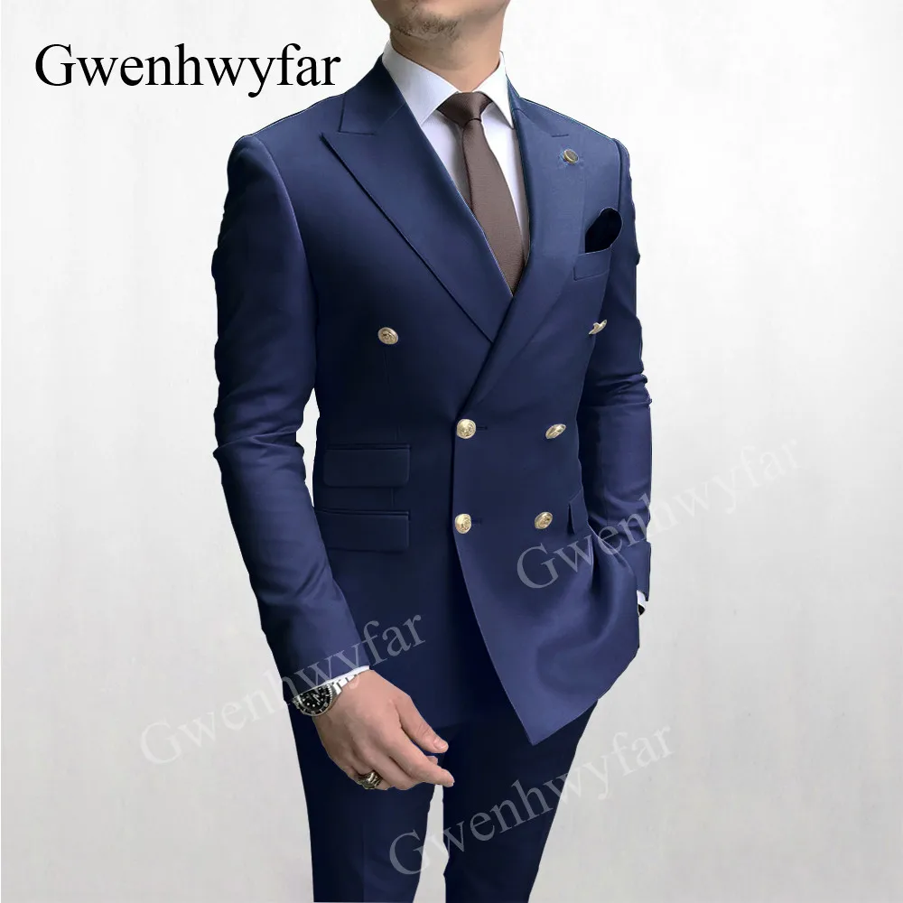 Gwenhwyfar-Chaqueta de diseño para hombre, traje masculino con botones dorados, doble botonadura, smoking, de novio boda, traje con solapa