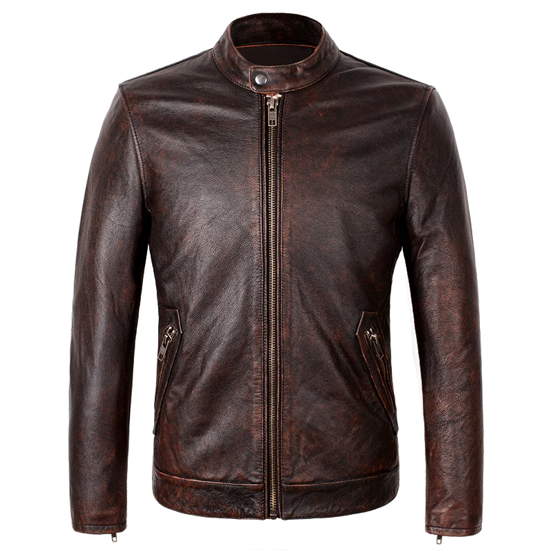 Мужская винтажная Коричневая байкерская куртка из натуральной кожи с воротником-стойкой из натуральной воловьей кожи, тонкие куртки Amekaji, осенне-зимнее повседневное пальто