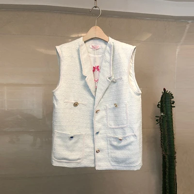 Sleeveless Single Breasted V-Neck Women Elegant Tweed Waistcoats Office Korean Thin Pocket Fashion Ladies Loose Vests Streetwear