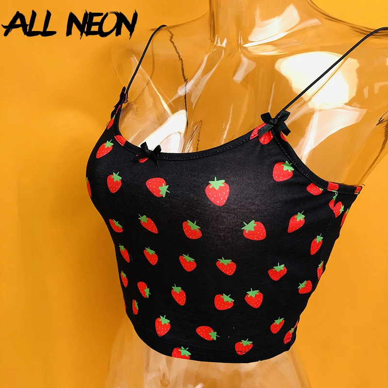 Женские топы на бретельках ALLNeon Kawaii розовые укороченные с принтом клубники