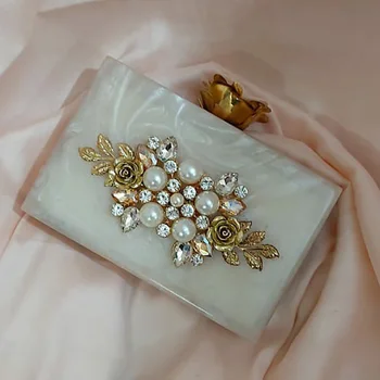 

High quality rhinestone diamonds pearl rose women evening party African bridal wedding crystal resin clutches