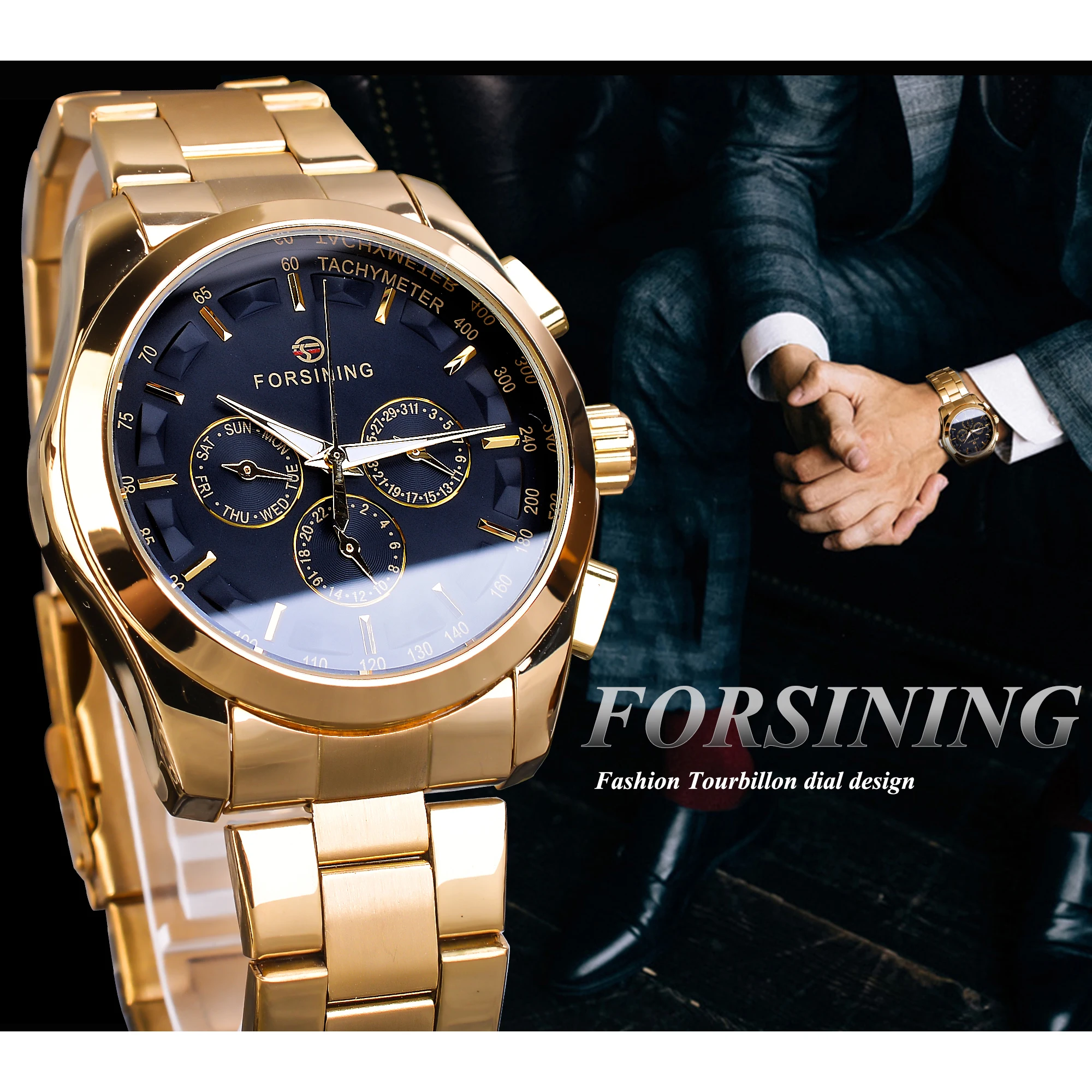 Forsining Black Business Mechanical Men Watch Automatic 3 Sub Dial Date Golden Steel Band Dress Wristwatch Clock Hour Time Reloj_voghion.com