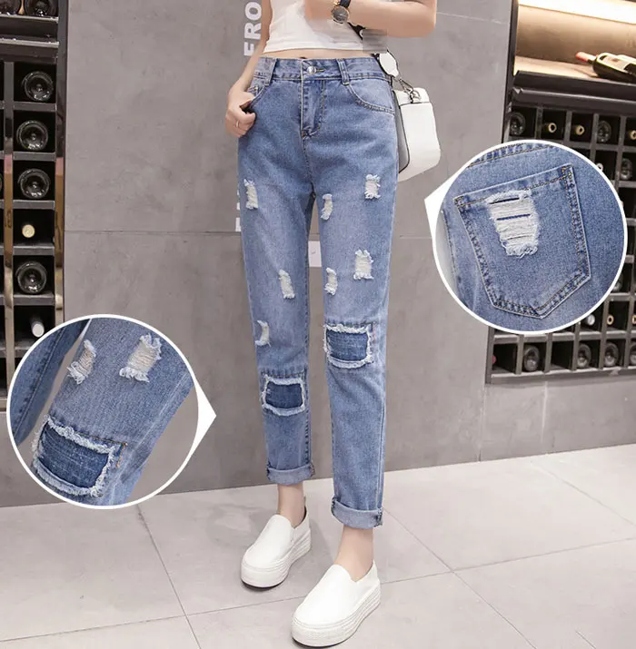 Весенние новые женские джинсы в Корейском стиле, свободные штаны-шаровары с оборками и дырками на эластичной талии, Женские джинсовые штаны с дырками на осень