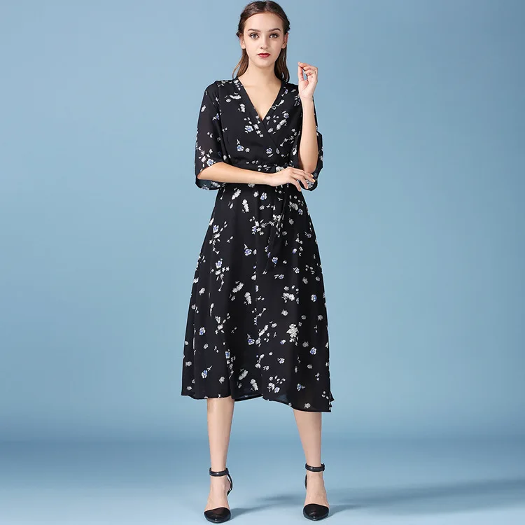

7278 # Ripe Plum New Style Summer Literature And Art Black And White with Pattern Japanese-style Dress Women's Vintage V-neck Ch