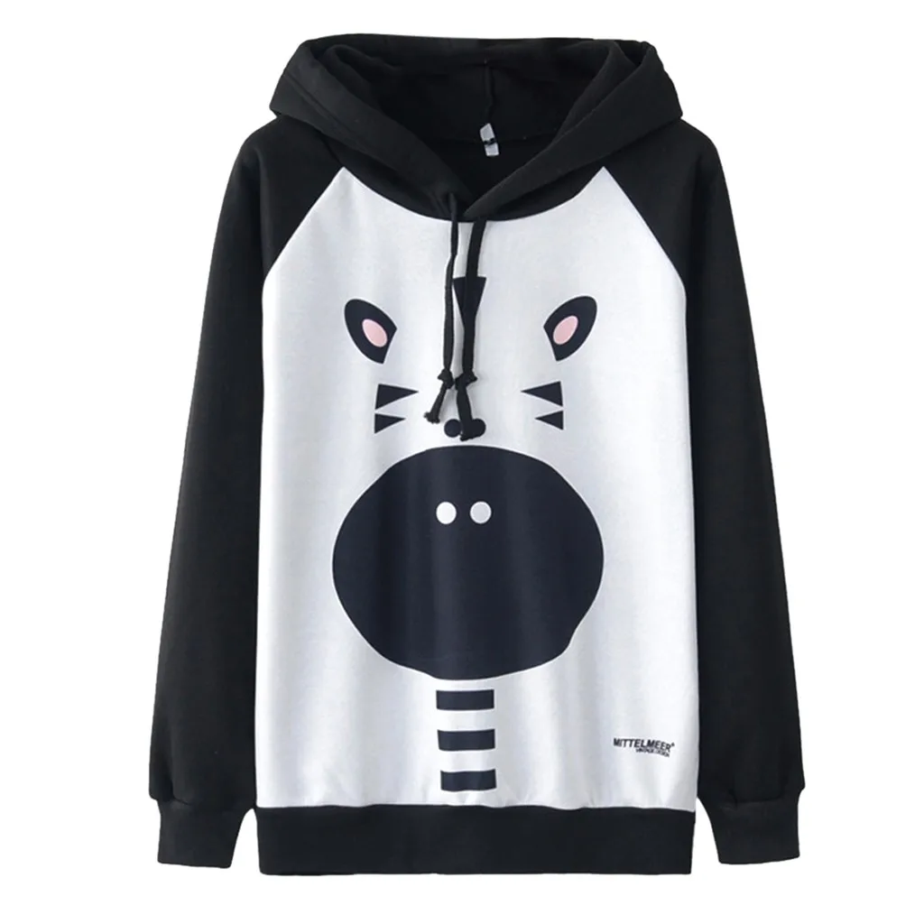 

Autumn Winter Hoodies Sweatshirt Women Long Sleeve O-Neck Zebra Nose Print Zipper Pockets Sport Pullover Sudadera Mujer Moletom