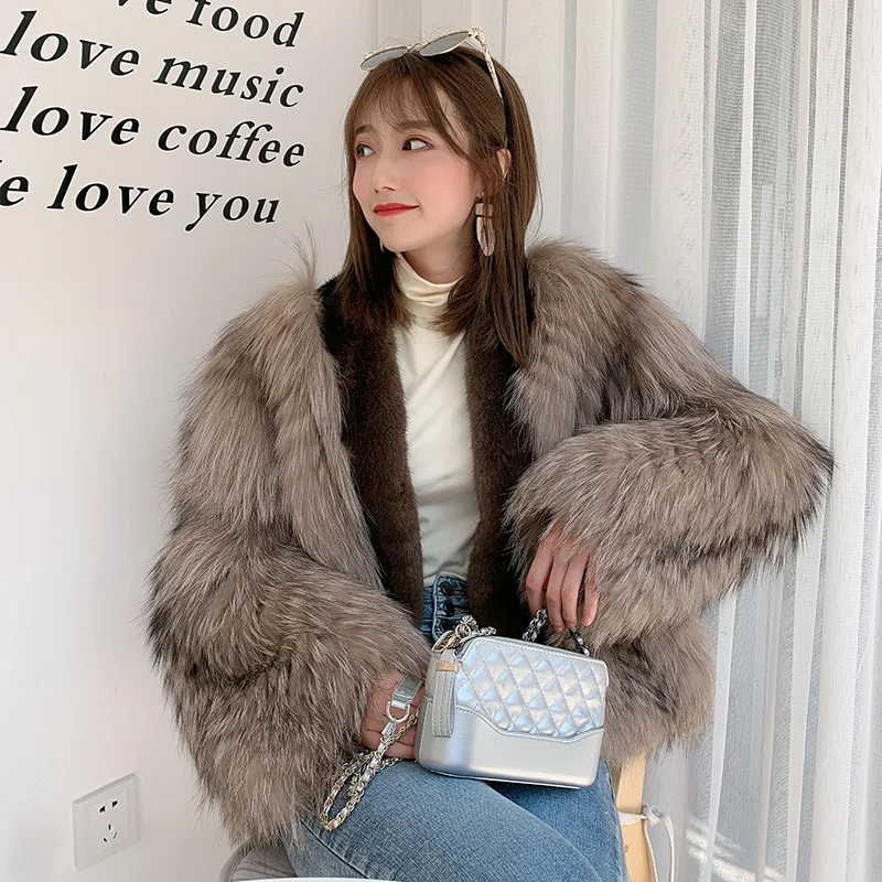 

rf1966 2019 Autumn New Arrival High Streetreal Fox Fur Coat with Mink Fur Long Sleeve Striped Natural Fur Jacket