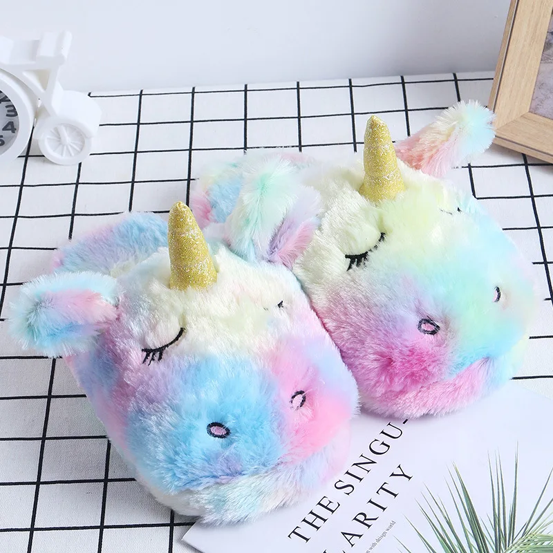 FAYUEKEY Cartoon Rainbow Unicorn Slippers Women Girls Winter Plush Warm Home Slippers Indoor Shoes Cotton Women Unicorn Shoes