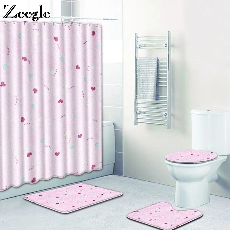 Zeegle Shower Curtain and Bath Mat Set Non Slip Flannel Bathroom Shower Mat Waterproof Bathroom Curtain Washable 4pcs Toilet Set
