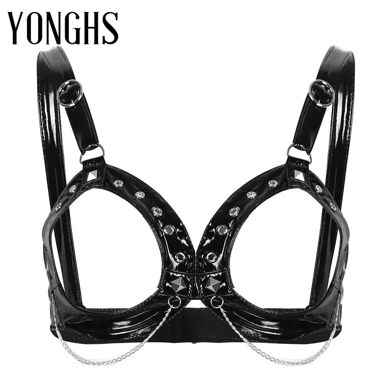 Womens Lingerie Hot Bra Top Wet Look Patent Leather Adjustable Shoulder Straps Open Cups with Metal Chains Wire-free |
