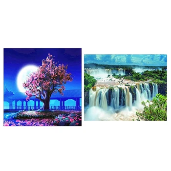 

2 Set 5D Diy Diamond Painting Embroidery Diamond Cross Stitch Full Circular Rhinestone Gift Cherry Tree & Waterfall