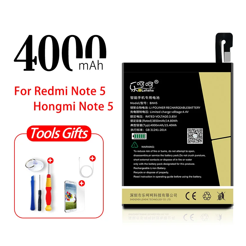 LEHEHE BN45 Аккумулятор для Xiaomi Redmi Note5 4000 мАч литий-полимерный сменный аккумулятор с инструментами подарки - Цвет: BN45