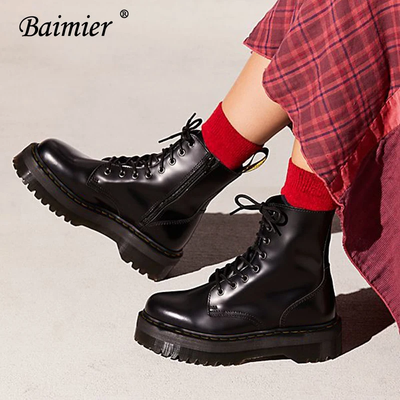 Черные ботильоны Baimier из лакированной кожи для женщин ботинки на платформе со