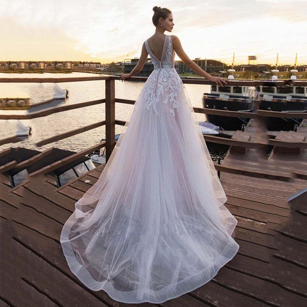 Robe Mariage светильник нежно-розовый тюль свадебное платье кружевной топ глубокий v-образный вырез без рукавов открытая низкая спина Линия Свадебные платья Sweep Trail