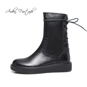 

Arden Furtado 2019 Fashion Women's Shoes Pure Color new genuine Leather Lace up Mature Concise Women's Boots Short matin Boots