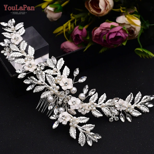 TOPQUEEN HP301 Indian Bridal Hair Accessories Alloy Flower Bridal Crowns and Tiaras Silver Hair Pieces Wedding Hair Jewelry HP368-Silver