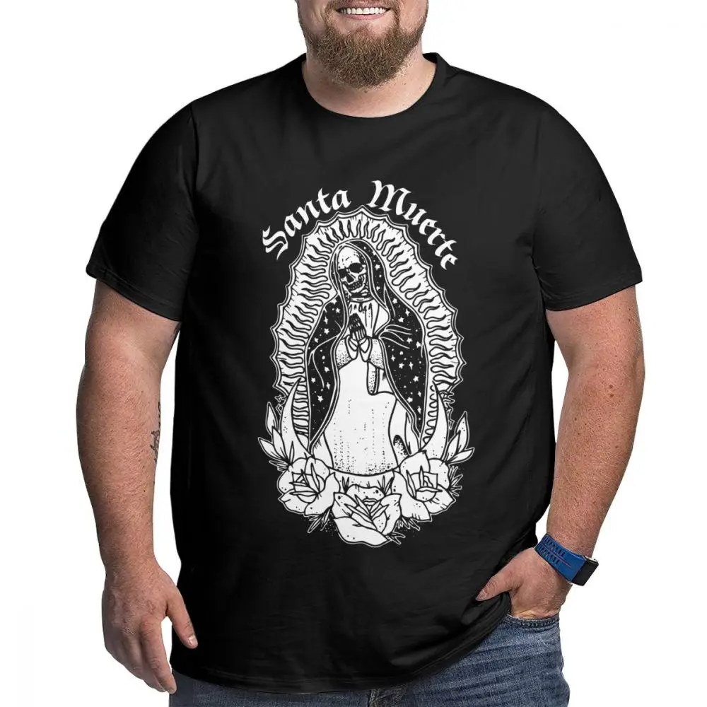 Santa Muerte Saint Death, футболка для мужчин, для высоких, большой, толстый, череп смерти, Ретро стиль, хлопок, футболка, короткий рукав, Футболка, большой размер - Цвет: Черный