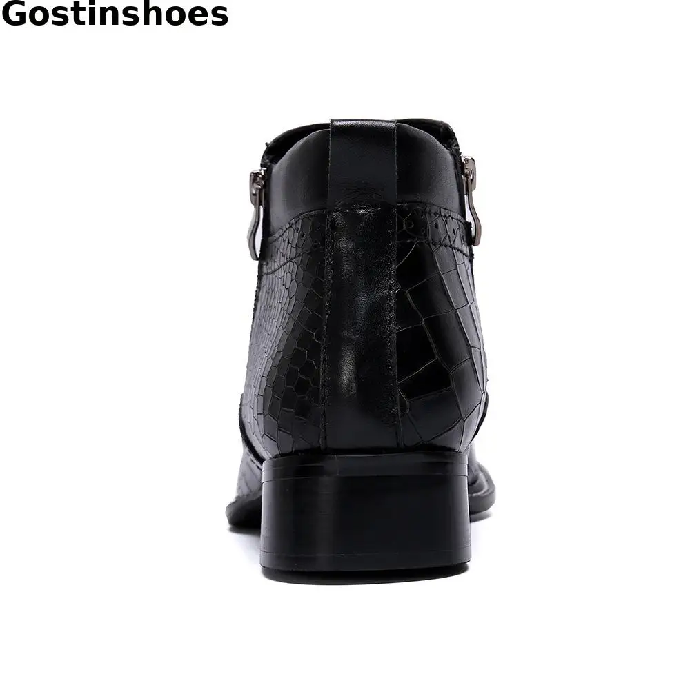 Classic Black Genuine Leather Men Boots Wing Tip Snake Skin Printed Steel Cap Toe Men Short Work Ankle Boots Office Dress Boots