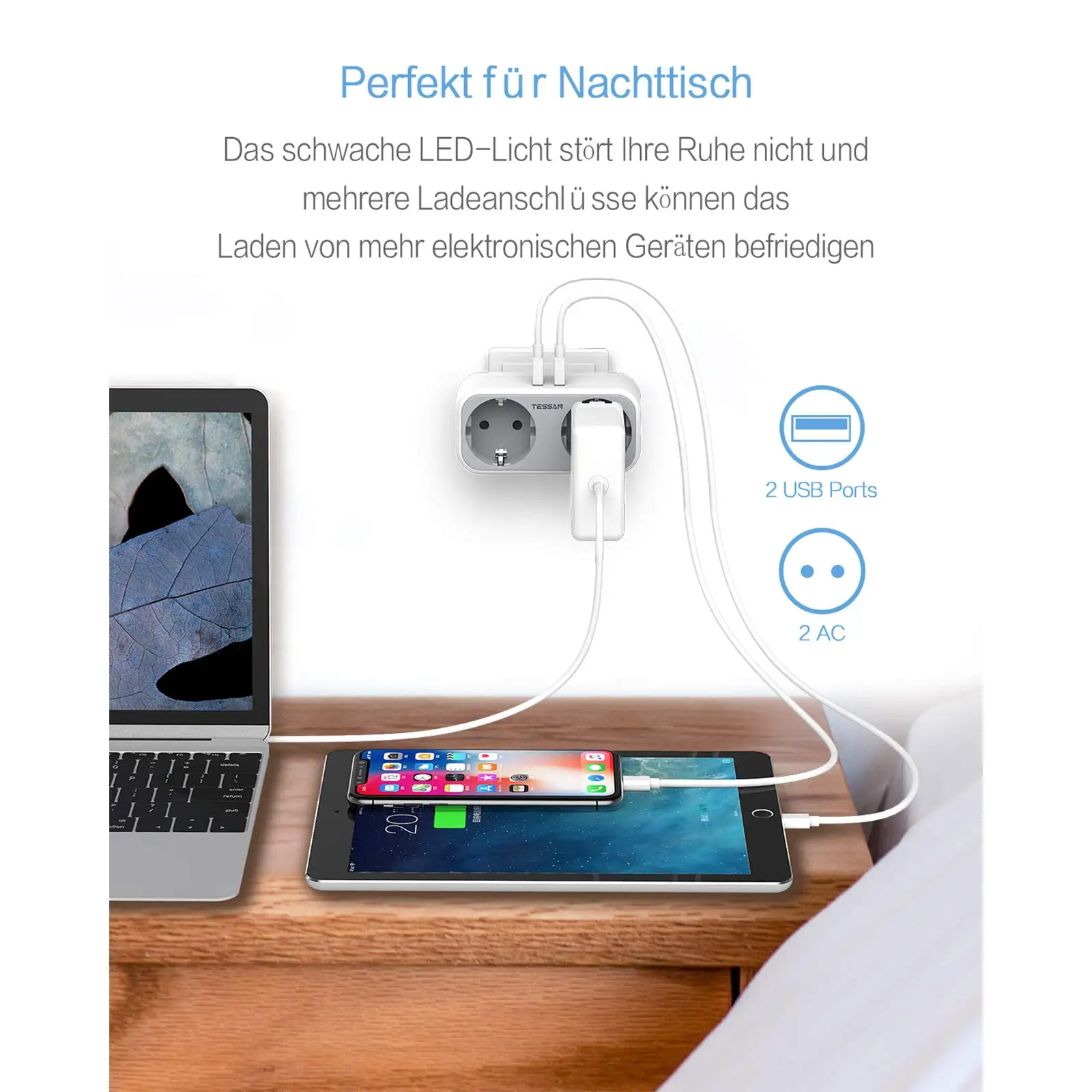 Adaptador de Tomada Faixa de Energia para Parede Proteção contra Sobrecarga Preto com 2 ac e 2 Tessan Cinza Branco Entradas Portas Usb 110230v - - Image 4