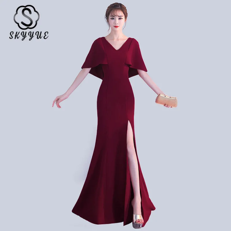 

Skyyue 2019 Sexy Deep V-neck Elegant Formal Gowns Women Party Dresses Soild Split Half-sleeve Evening Dress Robe De Soiree C186