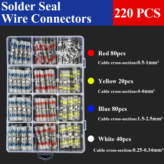 20/50/100/200/220PCS Solder Seal Wire Connectors splice Waterproof Heat Shrink Solder Butt Connectors Electrical Wire Terminals 220pcs of 4 sizes