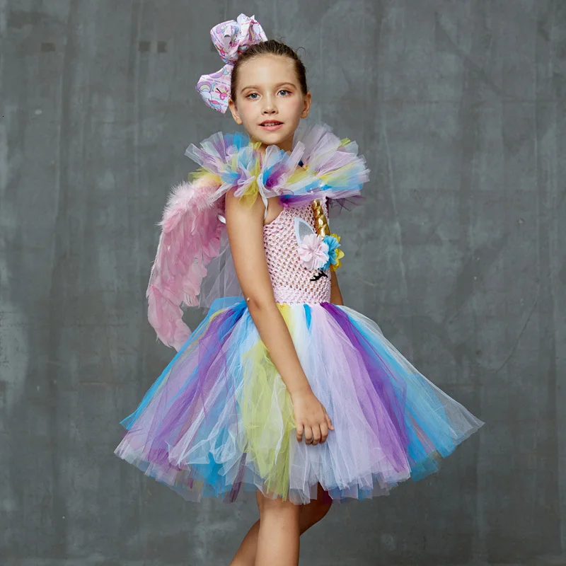 Kids Girls Unicorn Tutu Dress Pastel Rainbow Flower Princess Girl Birthday Party Dress Handmade Pageant Halloween Tutu Costume (9)