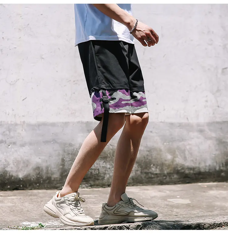 2021 summer new men's cropped slacks casual trousers camouflage splicing ribbon shorts black casual shorts