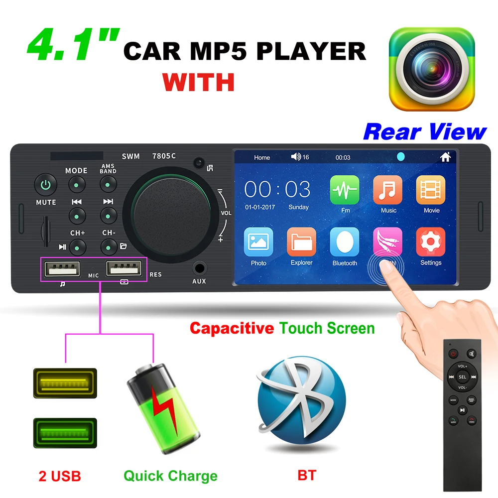 4,1 дюймов 1 Din двойной USB Bluetooth Сенсорный экран мультимедийный автомобильный MP5 плеер Авто Стерео Радио Быстрая Зарядка телефона камера заднего вида