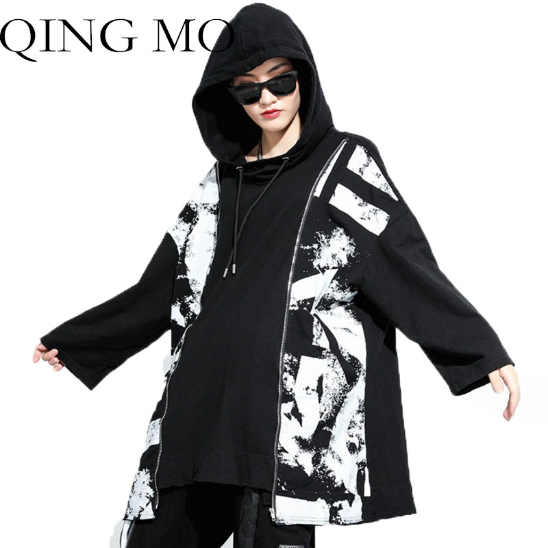 QING MO Women Large Size Hooded Sweatshirt 2020 Autumn Printing Personality Mid-length Hedging LHXX145 | Женская одежда