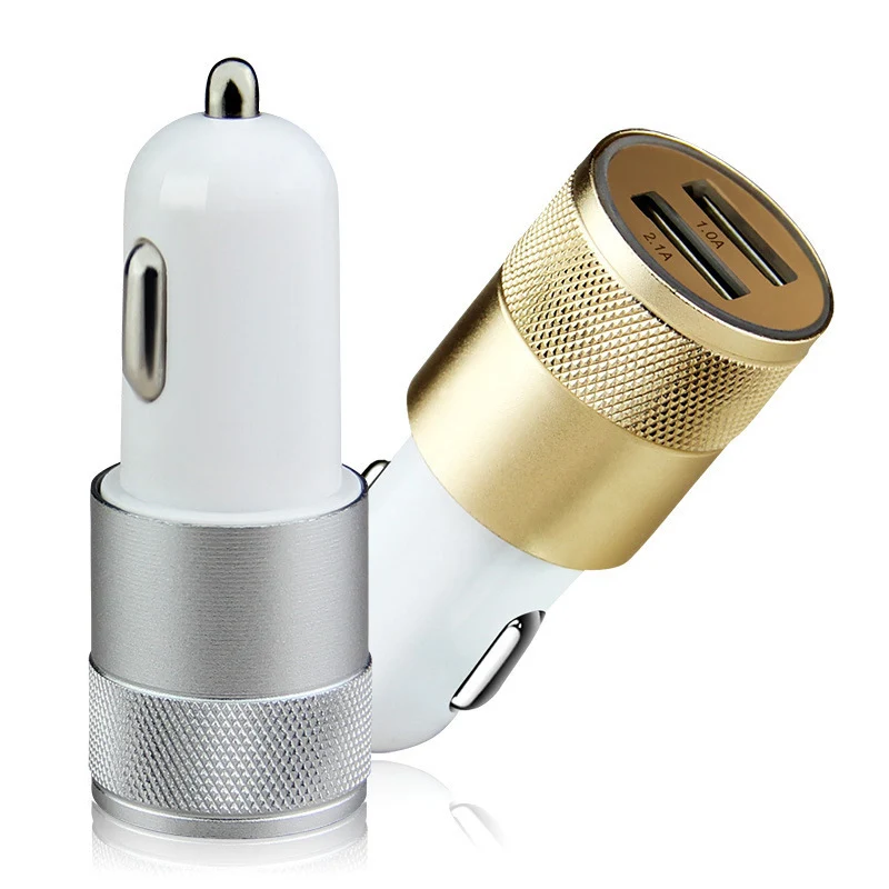 Автомобильное зарядное устройство с двумя USB портами металлическое плоское