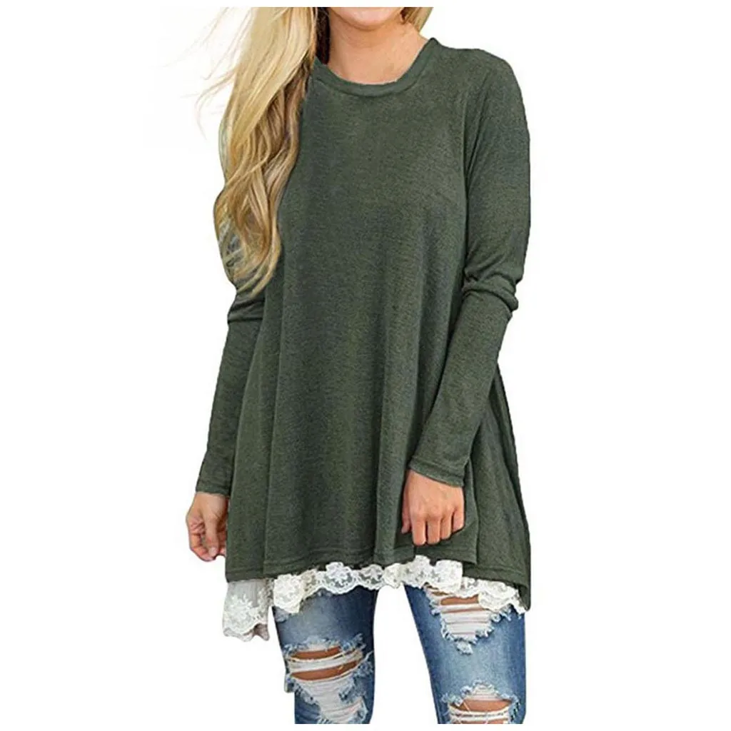 Poleras mujer de moda camiseta mujer Футболка женская кружевная Повседневная Туника с длинным рукавом Топы свободная футболка camisa feminina