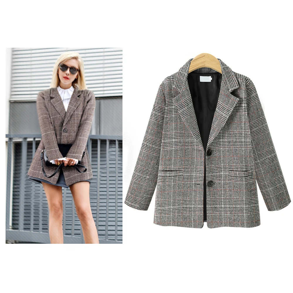 Женские блейзеры для офиса, повседневные клетчатые весенние осенние женские куртки, Женское пальто большого размера, приталенный Блейзер, женская верхняя одежда vadim - Color: Gray