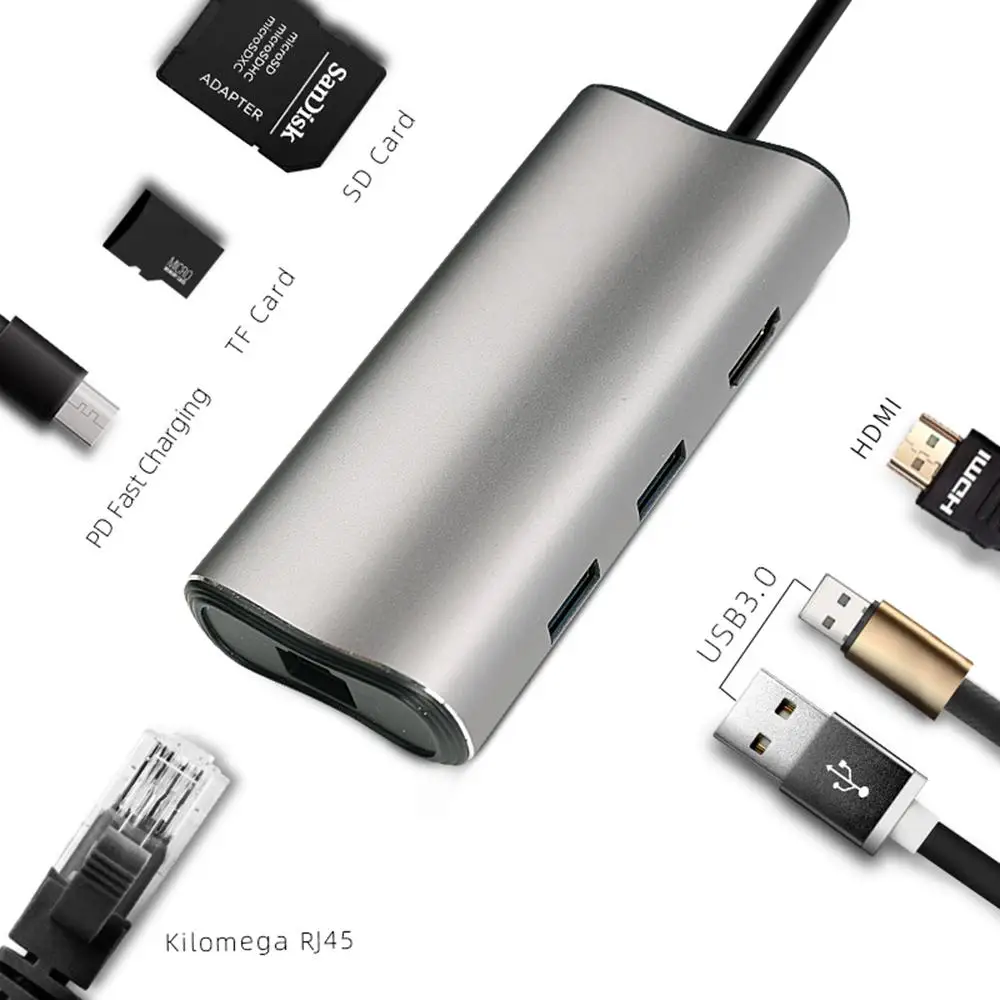 

Yiwa T27 Type-c Adapter 7 in 1 Port for MacBook Pro to VGA SD USB 3.0 RJ45 Network Adapter