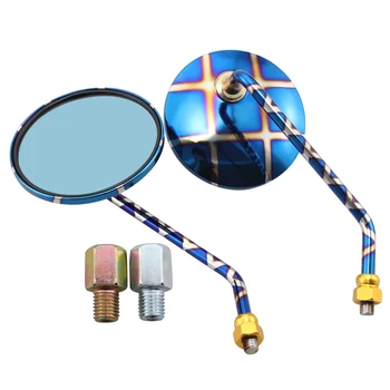

Universal 10mm Motorcycle Scooter Round Rear View Mirror Handlebar Mount Long Neck Side Mirrors Blue Square Cafe Racer