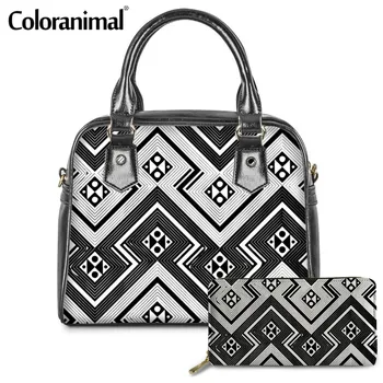 

Coloranimal African Black and White Tribal Pattern Lady Tote Handbag PU Leather Shoulder Bag 2Pcs/Set Messenger Bag for Women