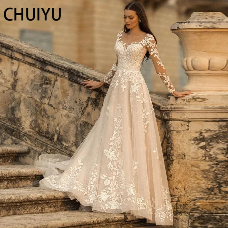 Lace Applique Glitter Tulle Wedding Dress Long Sleeved Scoop Neck Vintage A Line Bridal Gown Lace-up Open Back Elegant Ivory | Свадьбы и