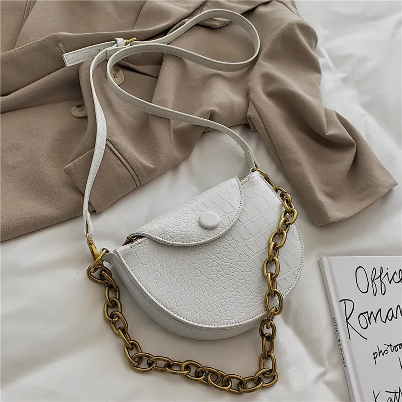 Burminsa винтажные женские сумки-мессенджеры с каменным узором и цепочкой, уникальный дизайн, маленькая полукруглая седельная женская сумка на плечо, осень - Цвет: White