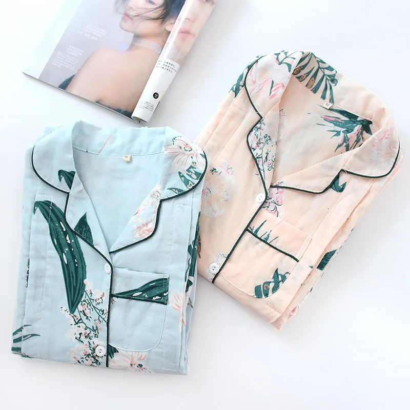 

Kimono Japanese Spring Cotton Gauze Month Clothes Pajamas Set Causal Thin Section Breastfeeding Clothes Women Trousers Homewear