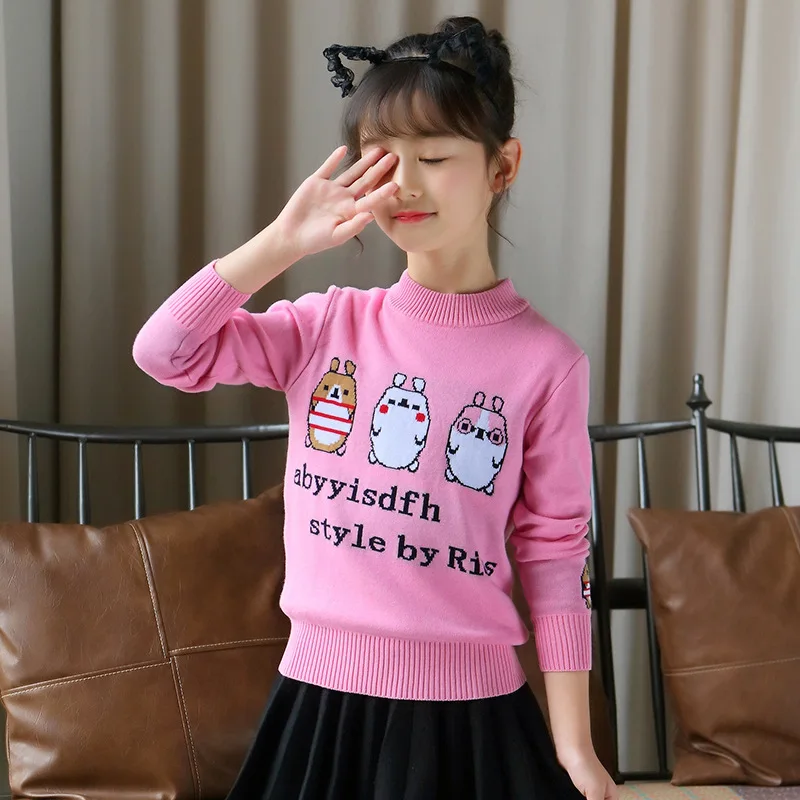 

2019 New Style Girls Double Layer Thick Childrenswear Korean-style Cartoon Sweater Middle And Large Kids' Sweater Base Tops Cott