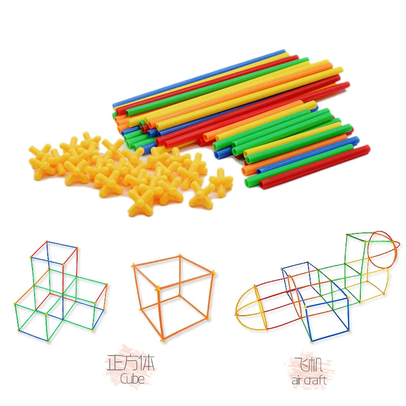 4D Building Blocks Straws DIY Set Kids Creative Toys Large Domino Game Preshool Teaching Aids Flexible Connector Kit
