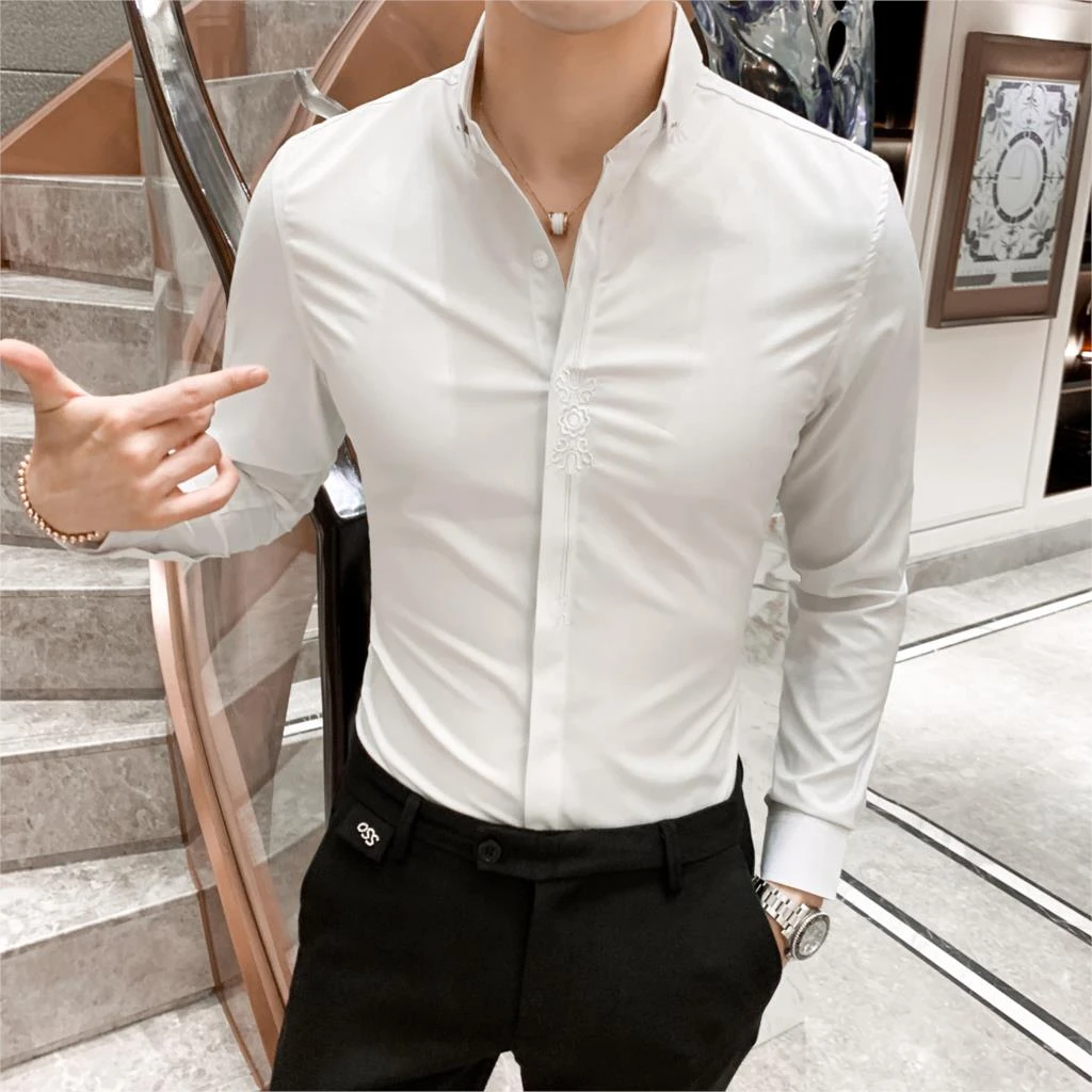 Camisa blanca para hombre otoño nuevas camisas de vestir para hombre ropa Formal bordado de alta calidad ajustado Fit camisa Social para hombre de manga larga|Camisas informales| - AliExpress
