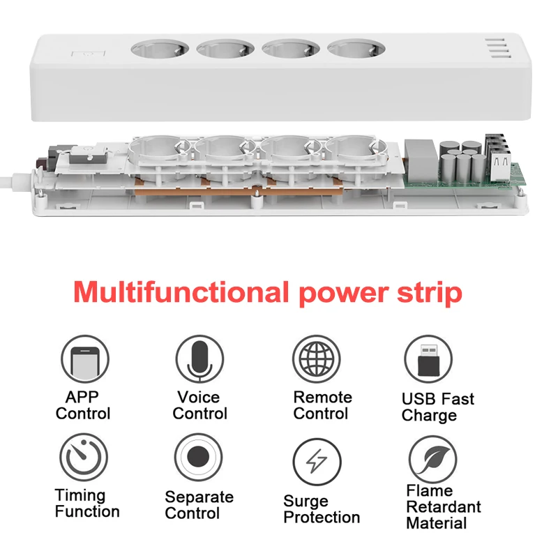 Wifi Smart Power Strip 4 EU Outlets Plug With 4 USB Port Timing App Voice Control Work With Amazon Alexa And Google Assistant