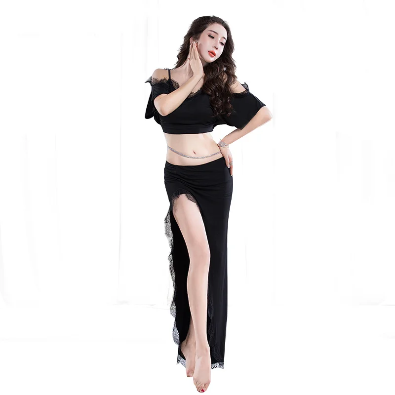 Buikdans Praktijk Kostuum Set 2 stuks Sexy Lace Top Lange Slit Rok Bellydance Beginner Dansen Pak Dancewear Buikdans Praktijk Kostuum Set 2 stuks Sexy Lace Top Lange Slit Rok Bellydance Beginner Dansen Pak Dancewear
