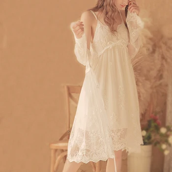 

2 Pieces Set Women White Lace Elegant Nightgowns Nightdress Sleepwear Lolita Spring Summer Palace Style Vintage Dress Bathrobes