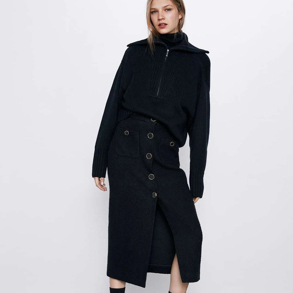 Fashion ZA New Fashion Texture Straight Skirt Women Tight Skirt Pocket Single-breasted Hem Slit Calf Skirts Women Hot Sale
