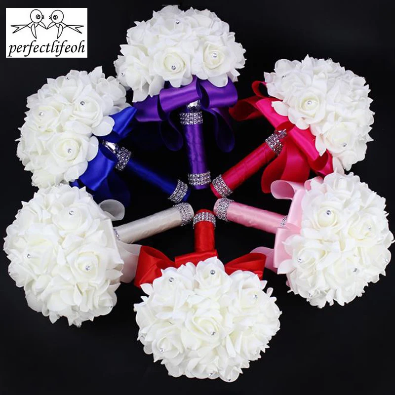 perfectlifeoh Wedding Bridal Bouquet Artificial Flower PE Foam Roses With Faux Crystal Rhinestone Ribbons for Party Church Decor wedding bouquets artificial rose flowers